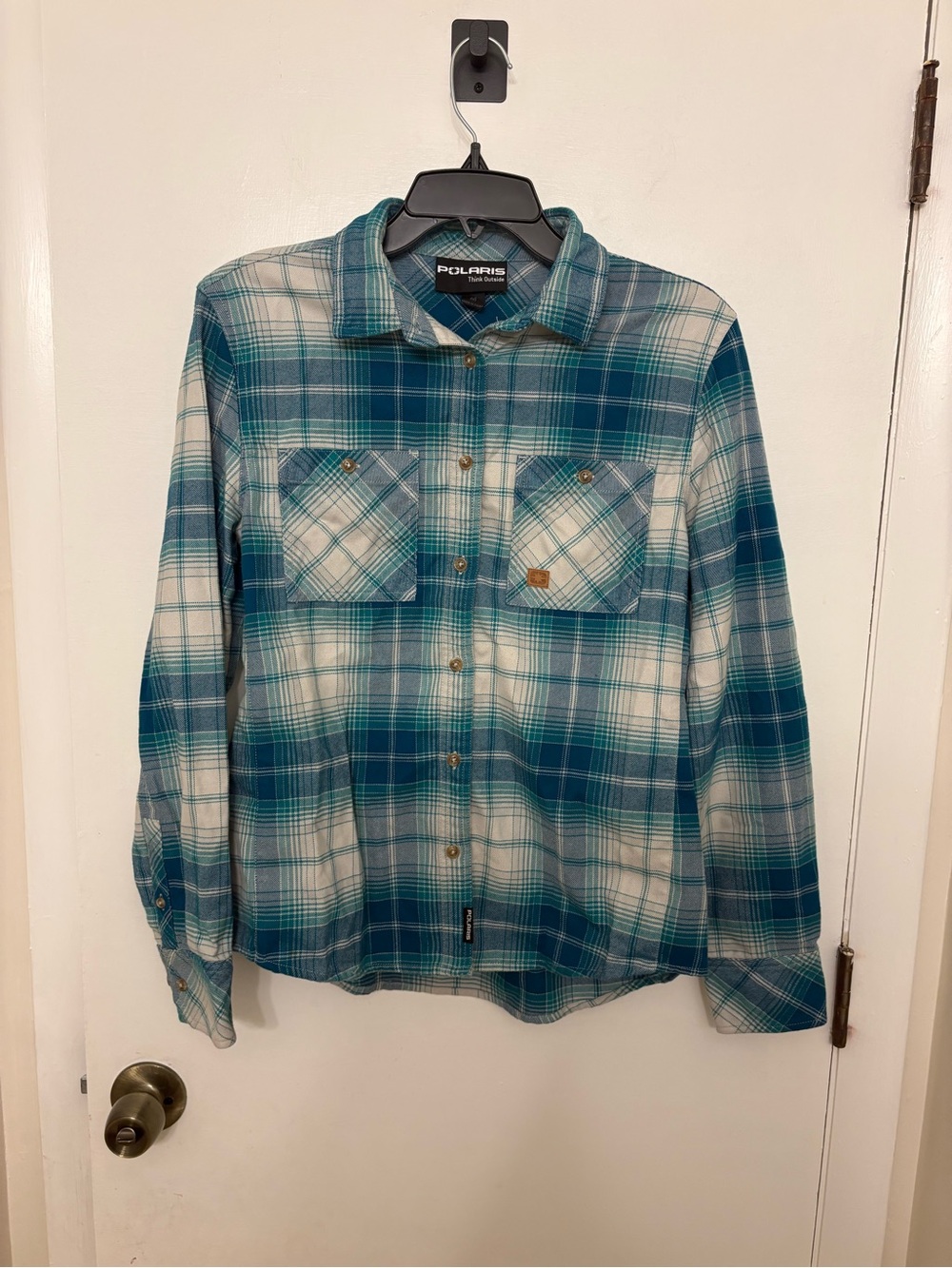 Polaris Women's Plaid Flannel Shirt Teal Blue White Long Sleeve Button Up Size M